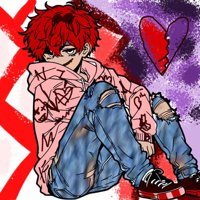 a male hoddie ripped jeans messy hair anime