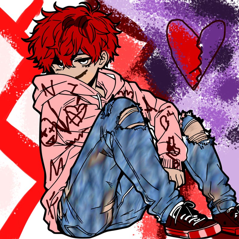 a male hoddie ripped jeans messy hair anime