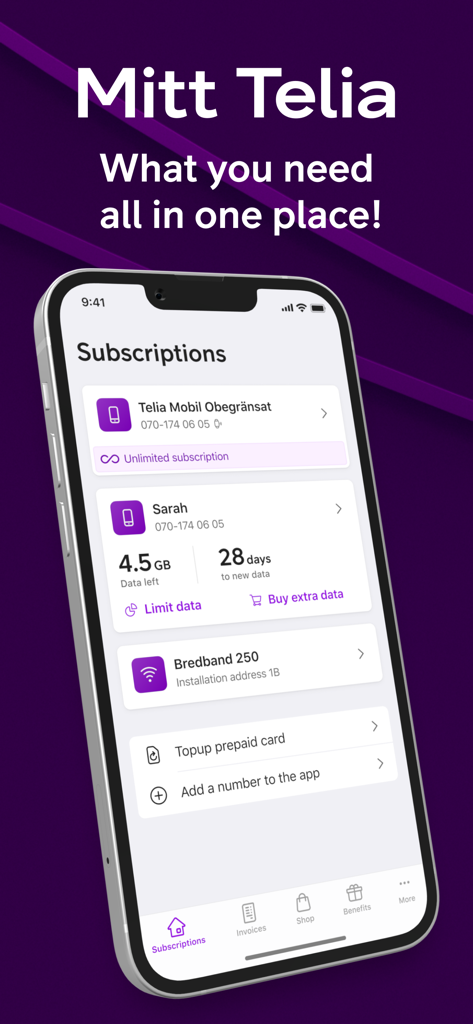 Mitt Telia - Mitt Telia app screen showing mobile data usage and subscription management