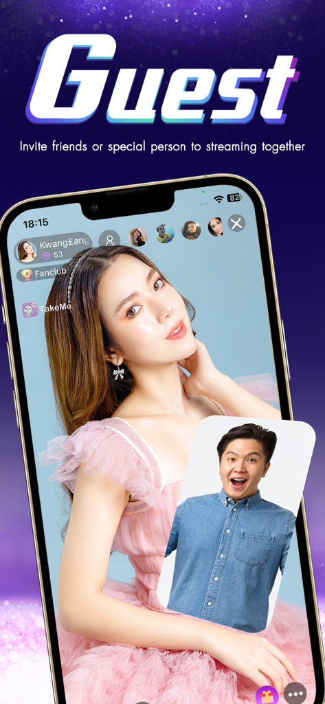 TakeMe - Live Stream - TakeMe app interface showing the guest feature with two people streaming together.