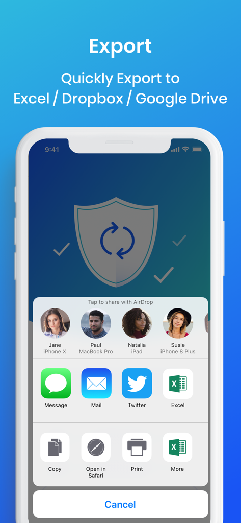 Easy Backup. - Oberfläche der Easy Backup-App, die Optionen zum Exportieren und Teilen von Kontakten mit Excel und Cloud-Diensten anzeigt