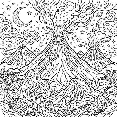 Dive into a thrilling night scene with powerful volcanoes actively erupting under a celestial sky. This intricate coloring page invites you to bring a dramatic natural spectacle to life with your chosen colors.