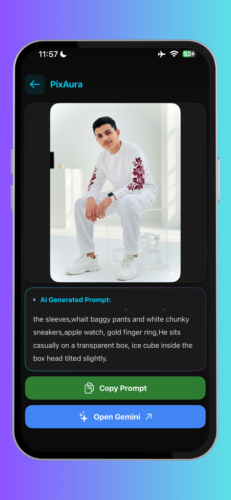 Screenshot of PixAura app showing a detailed AI generated prompt for a lifestyle portrait of a man in a white tracksuit.