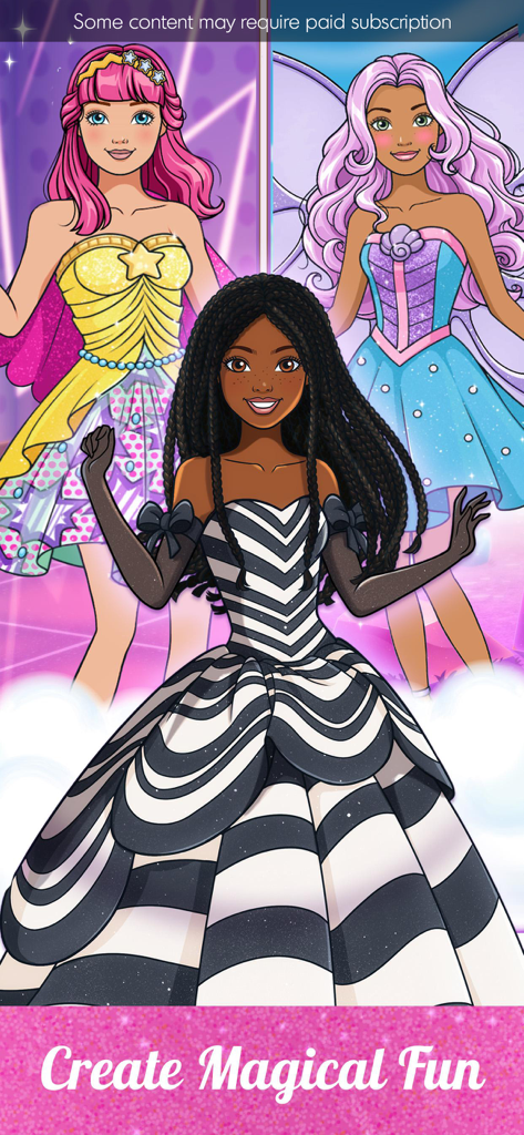 Barbie Magical Fashion - Tre personaggi di Barbie con diversi stili magici, tra cui una principessa e una fata, con il testo Crea Divertimento Magico.