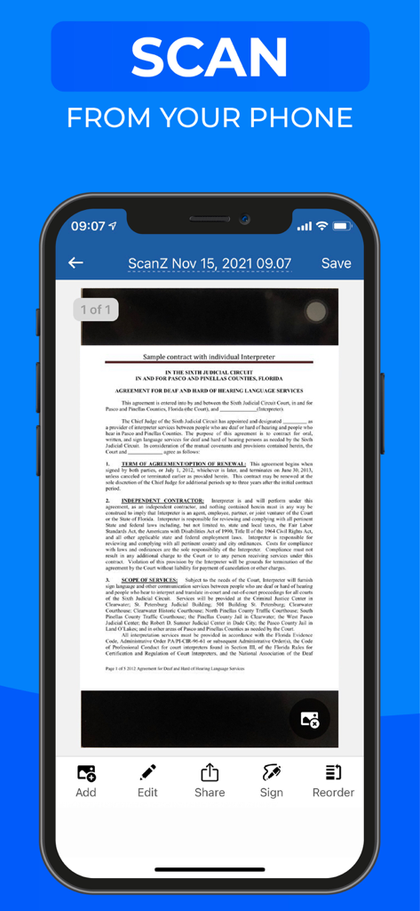 Interface do aplicativo móvel Scanner Z mostrando um documento digitalizado e ferramentas de produtividade
