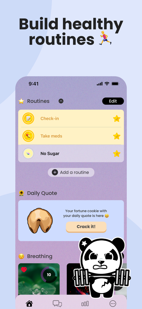 Earkick - Self Care AI Coach - Interface of Earkick app displaying habit routines and daily fortune cookie quote with panda mascot