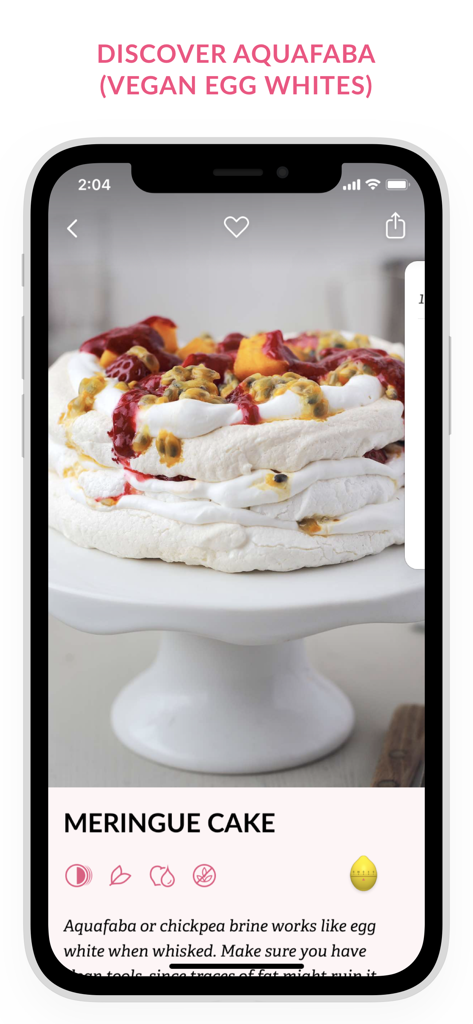 Swedish Vegan Dessert Recipes - A mobile app interface showing a vegan meringue cake recipe using aquafaba egg replacement