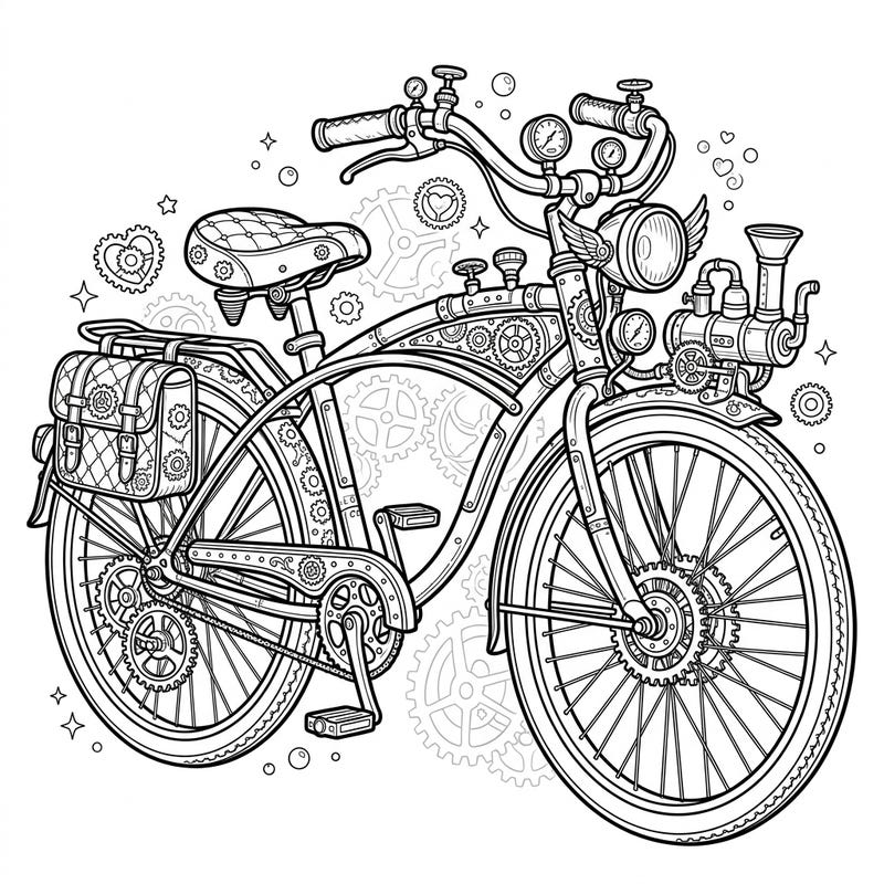 Unleash your creativity with this unique coloring page featuring a classic cruiser bike reimagined with intricate steampunk details. Adorned with gears, pipes, and retro-futuristic gadgets, this design offers a delightful blend of vintage charm and industrial fantasy.