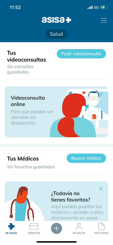 Pantalla de inicio de la aplicación móvil ASISA que muestra opciones para videoconsultas y búsqueda de médicos