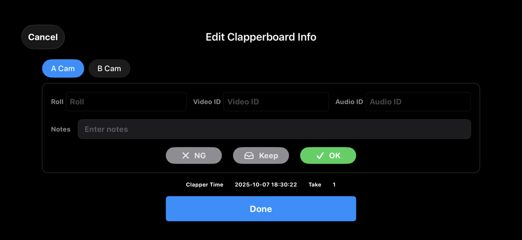 ClapperBoard - Scene Tracker - Interface for editing scene metadata including roll number, video ID, and audio ID in the ClapperBoard app
