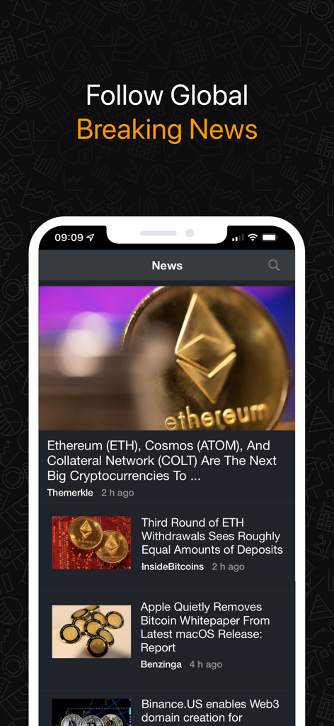 Últimas noticias de criptomonedas en el feed de la app móvil Investing.com en modo oscuro