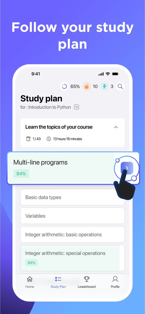 Hyperskill: Learn to Code - Hyperskill app study plan interface for Introduction to Python showing lesson progress