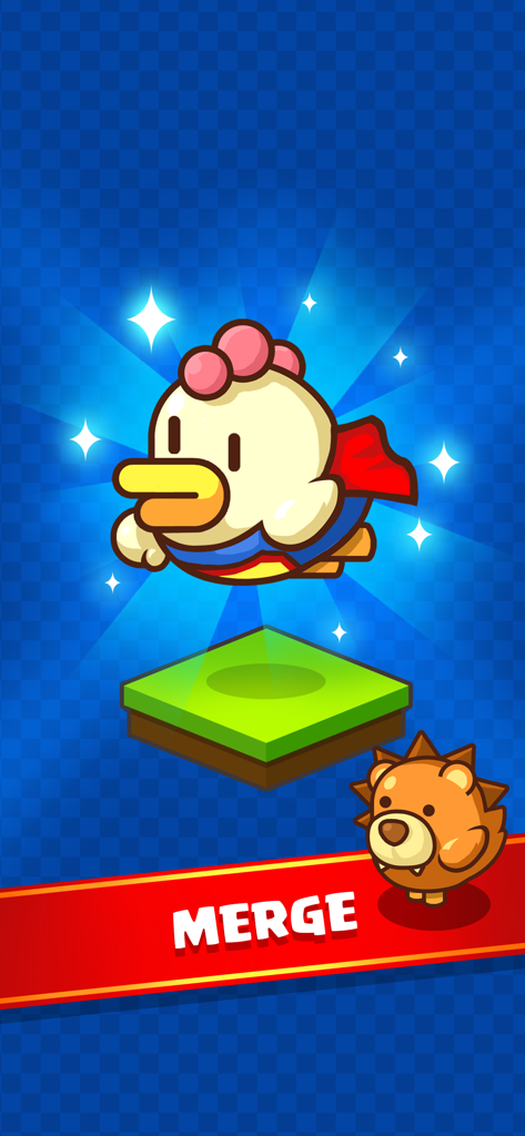 Merge Chicken - Idle Tycoon - A cute cartoon chicken character wearing a red superhero cape floating above a platform with a merge button