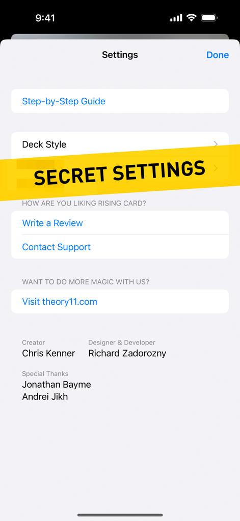 Rising Card Magic Trick - Settings screen of the Rising Card Magic Trick app featuring a yellow Secret Settings banner and developer credits.