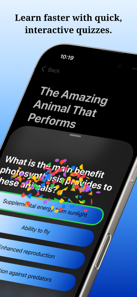 Notely AI -Instant Audio Notes - Pantalla de la aplicación móvil Notely AI que muestra un cuestionario de estudio interactivo con una pregunta respondida correctamente