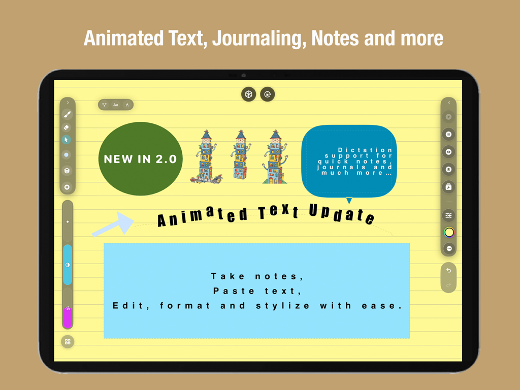 Interfaz de la aplicación Infinite Zoom Art VOID mostrando texto animado y funciones de diario en un iPad