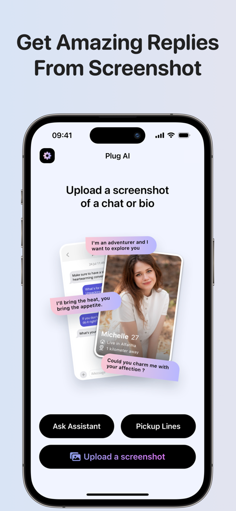 Plug AI: Rizz Dating Wingman - Interfaccia dell'app mobile Plug AI per generare risposte di chat di dating da screenshot