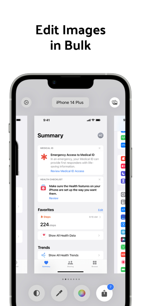 Status Bar - Screenshot Editor - A smartphone interface showing the bulk editing feature of the Status Bar Screenshot Editor app
