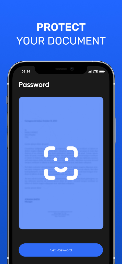 Mobile app screen displaying the password protection and document security feature