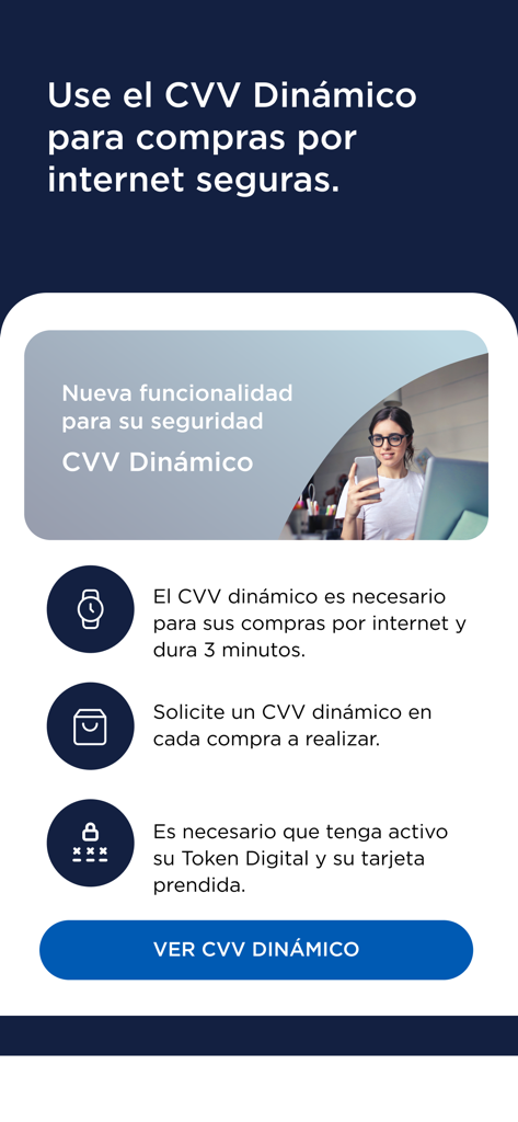Diners Club Perú - Interface do aplicativo Diners Club Peru explicando como usar um CVV dinâmico para compras on-line seguras.