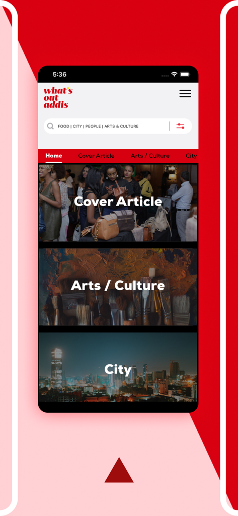 What’s Out Addis - The home screen of the What's Out Addis app displaying various categories like Cover Article Arts and Culture and City.