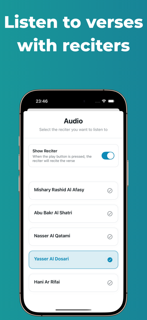 Interface of the Holy Quran app showing a list of reciters for listening to verses