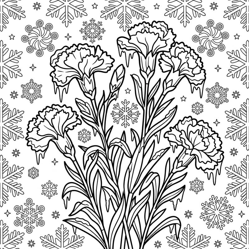 Discover the delicate allure of wild carnations thriving amidst a serene winter scene. This captivating coloring page, adorned with intricate snowflakes, invites you to bring frosty beauty to life.