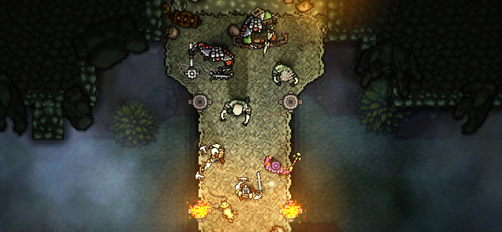 Escena de combate de pixel art vista desde arriba en una mazmorra oscura con múltiples enemigos