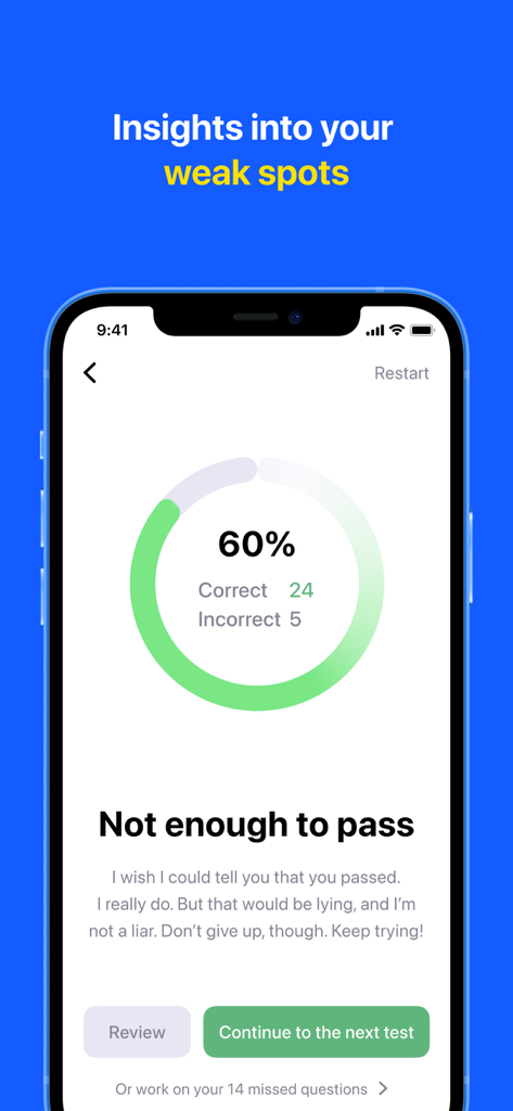 Bar Exam & MBE: Bar Prep - Bar Prep Hero app displaying a test result screen with a 60 percent score and insights into weak spots.