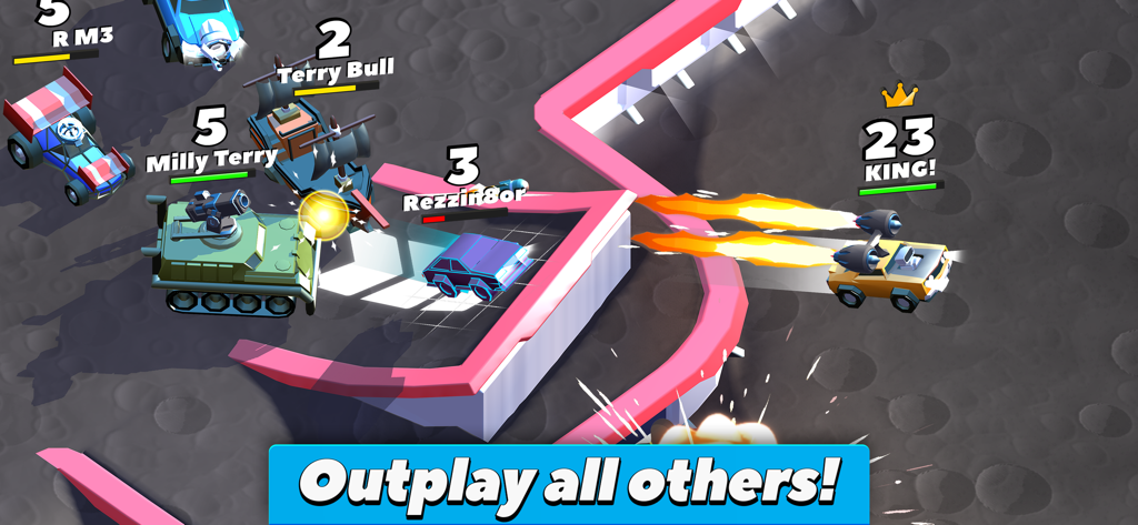 Multiplayer car combat gameplay in Crash of Cars featuring vehicles with power-ups and a crown-holding King player.