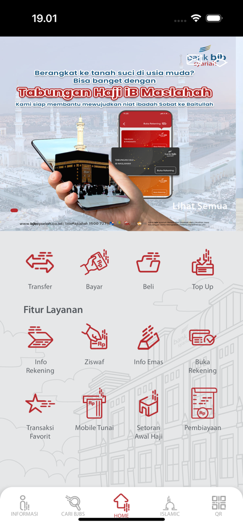Mobile Maslahah by bjb syariah - Startbildschirm der Mobile Maslahah by bjb syariah App mit Bankdienstleistungen und Hadschi-Sparfunktionen
