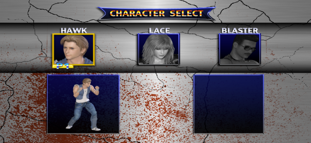 Brawler - Character selection screen in the Brawler game featuring playable characters Hawk Lace and Blaster