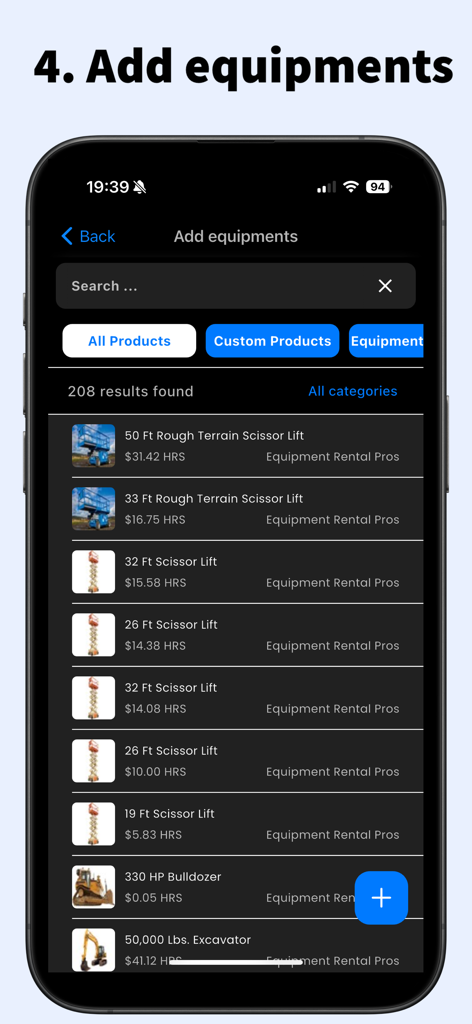 建設見積もり用の時間単価付きの、電動リフトや掘削機などのレンタル機器のリストを表示するモバイルアプリ画面。