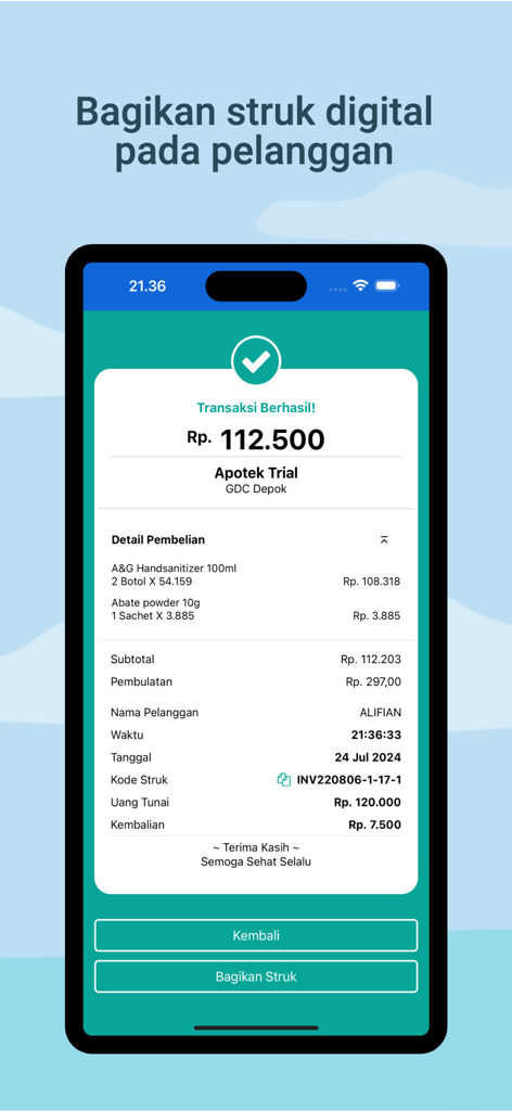 Mitra Apotek Digital - Digital receipt screen in Mitra Apotek Digital app showing a successful pharmacy transaction and sharing options.