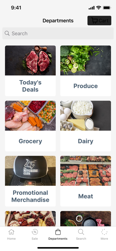 O aplicativo móvel The Butchers Club exibindo departamentos de compras, incluindo Ofertas do Dia, Produtos Frescos, Mercearia, Laticínios, Produtos Promocionais e Carne.