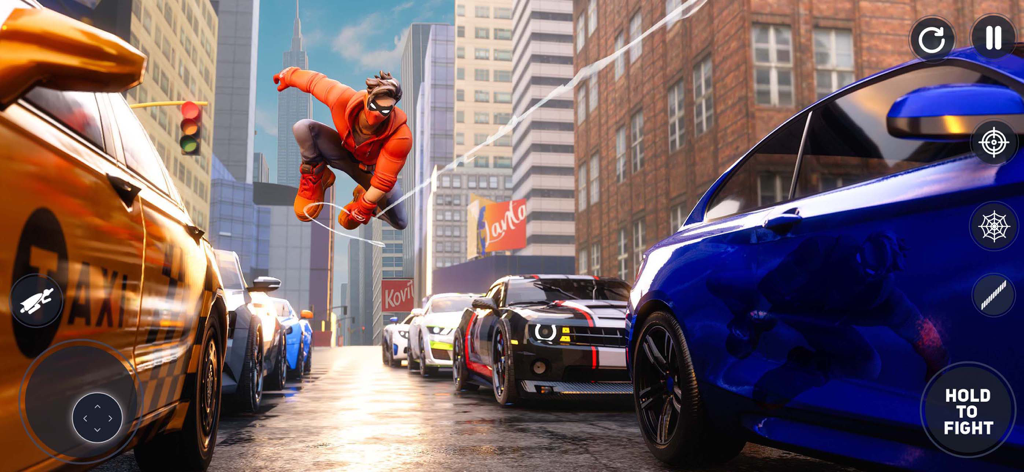 Amazing Rope Hero Spider Games - 賑やかな街の通り、車の上の建物の間をスイングするスーパーヒーロー。