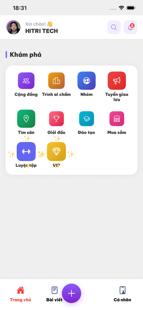 Ao Trình - The discover screen of the Ao Trinh sports app displaying various menu icons for community, tournaments, and field booking.