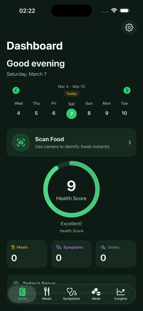 GutCheck — Gut Health Tracker - Dashboard of the GutCheck app showing an excellent health score and meal tracking options