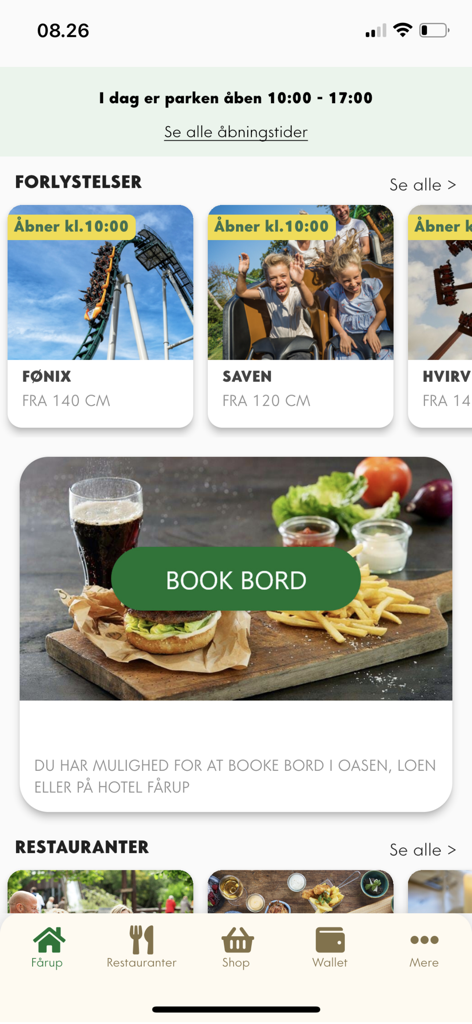 Fårup Sommerland - Fårup Sommerland mobile app dashboard showing ride availability and restaurant table booking