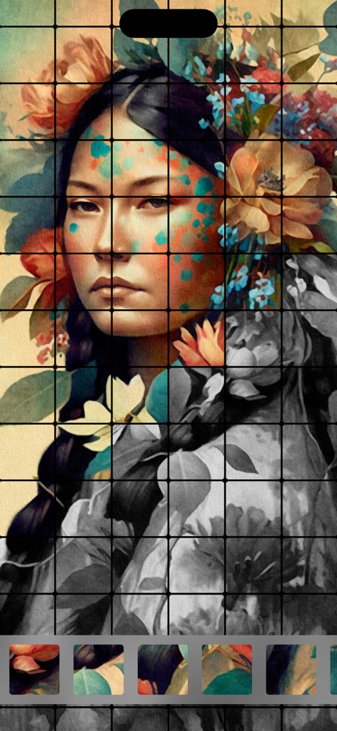 Fliese Puzzles: Tile Matching - Un puzle artístico de emparejamiento de azulejos con un retrato dibujado a mano de una mujer con detalles florales