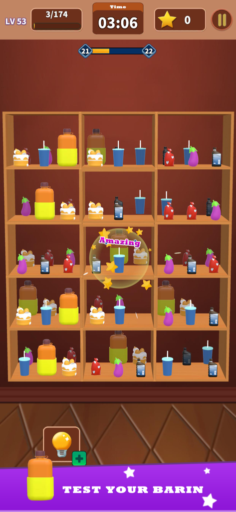 Goods 3D Sorting game grocery - Un nivel de puzzle de clasificación de comestibles 3D con coloridos aperitivos y bebidas en estantes de madera con una increíble notificación de logro