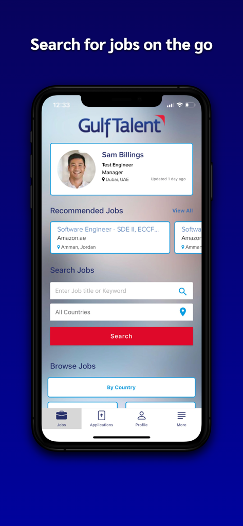 GulfTalent mobile app interface showing a job search bar and recommended roles in the Middle East