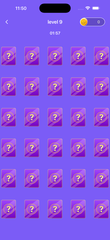 Yanidube - Screenshot of the Yanidube app showing a grid of purple cards with question marks in a memory matching game at level nine.