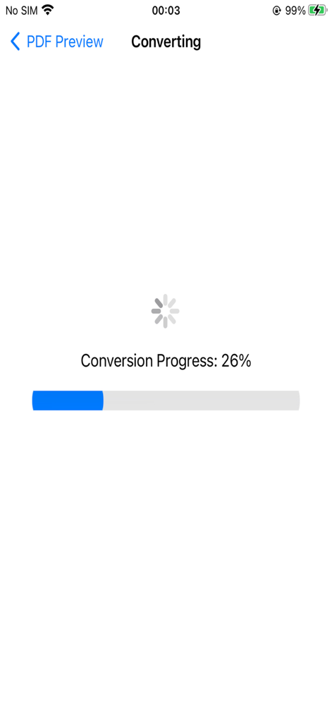 Screenshot showing the conversion progress screen of the pdf2md app with a progress bar and percentage display.