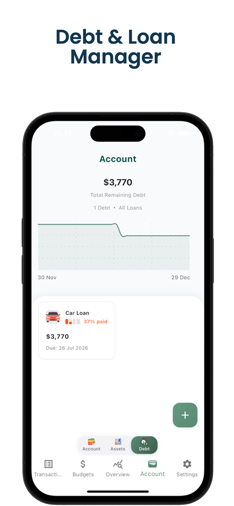 Money Manager: Daily Expenses - Tela do gerenciador de dívidas e empréstimos mostrando o progresso do empréstimo do carro e o gráfico de tendências da dívida