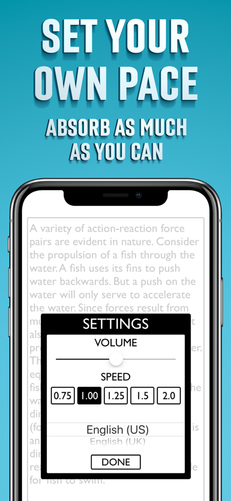 再生速度と音量を調整するオプションが表示されているテキスト読み上げアプリの設定メニュー