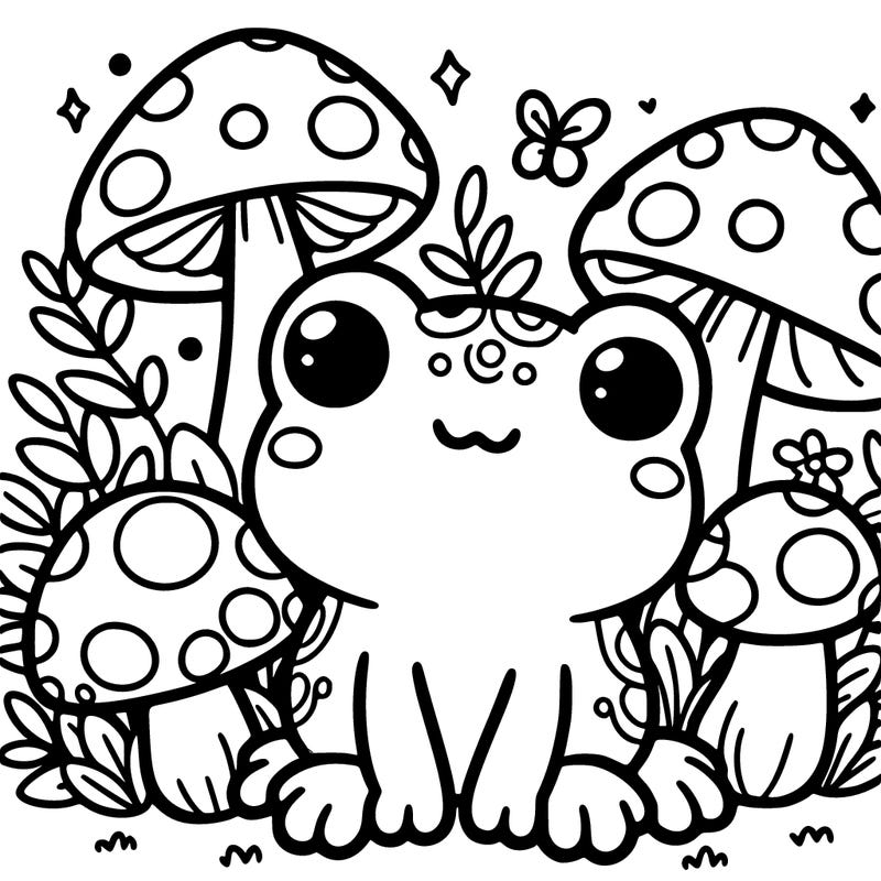 cute frog surrounded by mushrooms