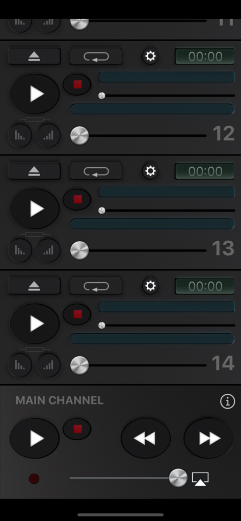AudioMixer - Interface of AudioMixer app showing several audio channels with play, loop, and volume sliders