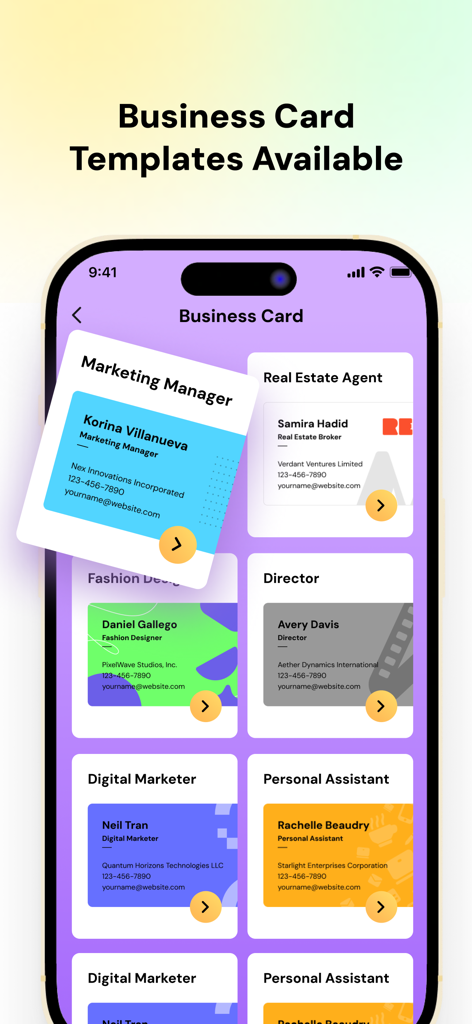 Felor PDF Maker-Save&View - Una variedad de plantillas profesionales de tarjetas de presentación disponibles en la interfaz de la aplicación Felor PDF Maker