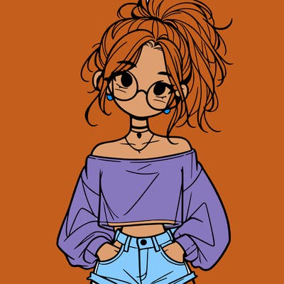 girl with a messy ponytail glasses a baggy crop top and jean shorts